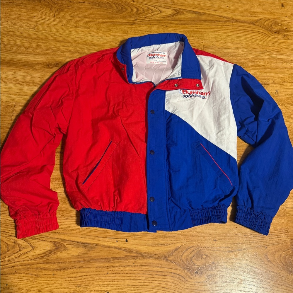 Burnham Racing Swingster Men’s size Large Red White Blue Zip Up Jacket Made USA